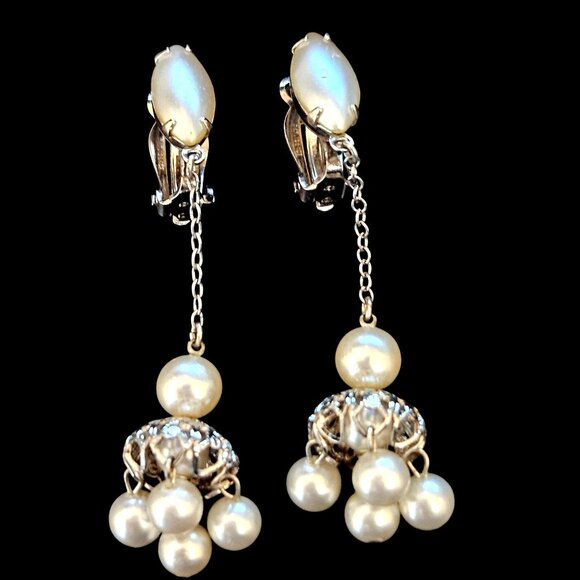 Lewis Segal Jewelry - Lewis Segal Faux Pearl Cluster Dangle Silver Tone Clip On Vintage 60s Earrings
